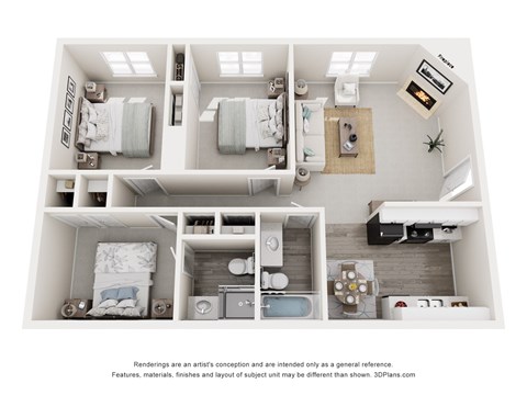 Floor plan for 3 beds, 2 baths, 1253 sqft
